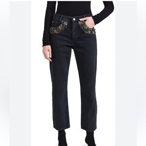 NWT Frame Denim Black High-Rise Jeans with Beaded Pocket Embellishments
